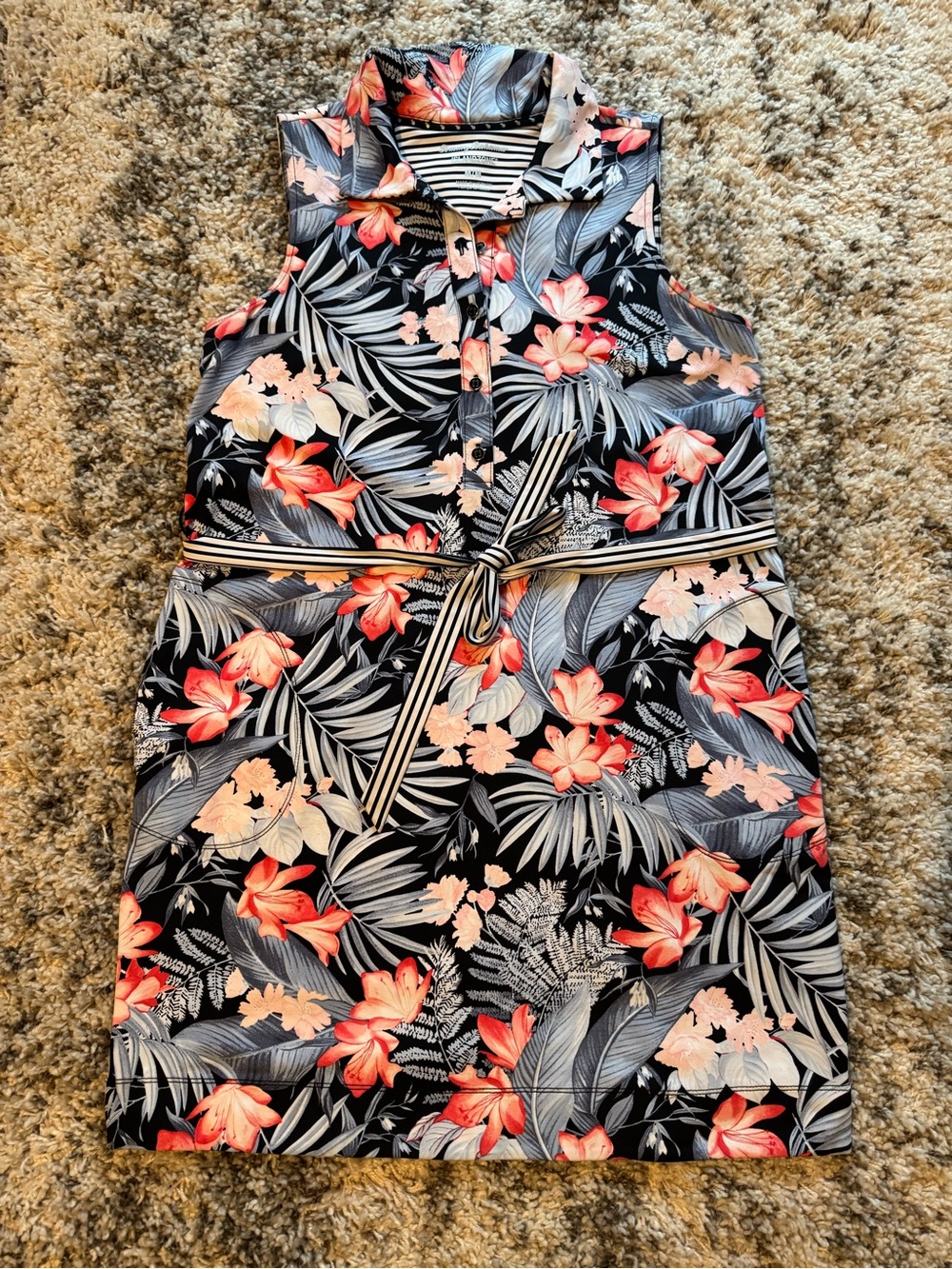 Tommy Bahama Black Tropical Floral Shirt Dress with Coral Accents